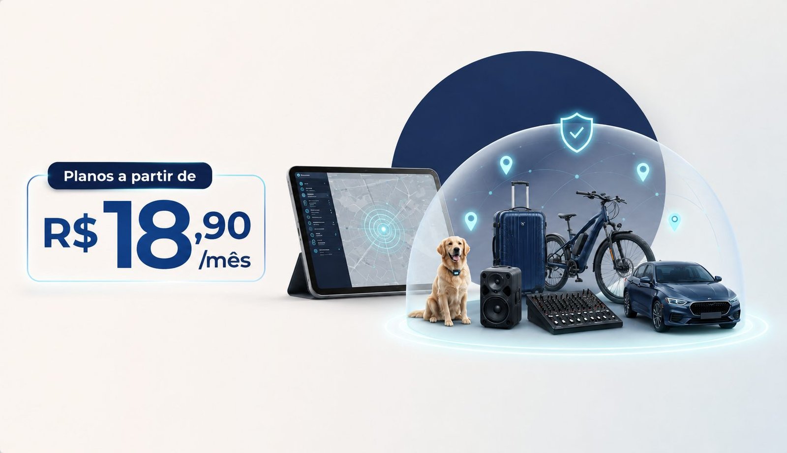 Plataforma ACHEI aberta em um tablet ao lado de bens protegidos: pet, mala, bicicleta elétrica, equipamento de som e carro, com marcadores de localização. Planos a partir de R$ 18,90 por mês